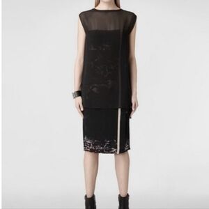 All Saints Lilia Flora Dress black silk layered midi US 6